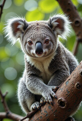 Fototapeta premium A fluffy koala sits perched on a tree branch, its grey fur and curious eyes making it an adorable sight in the lush forest.