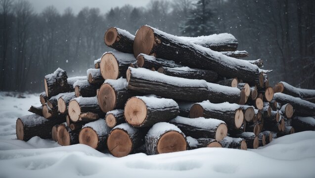 Snowflakes gently settle over a large pile of cut logs, set against a woodland scene that highlights the cycle of natural resources.