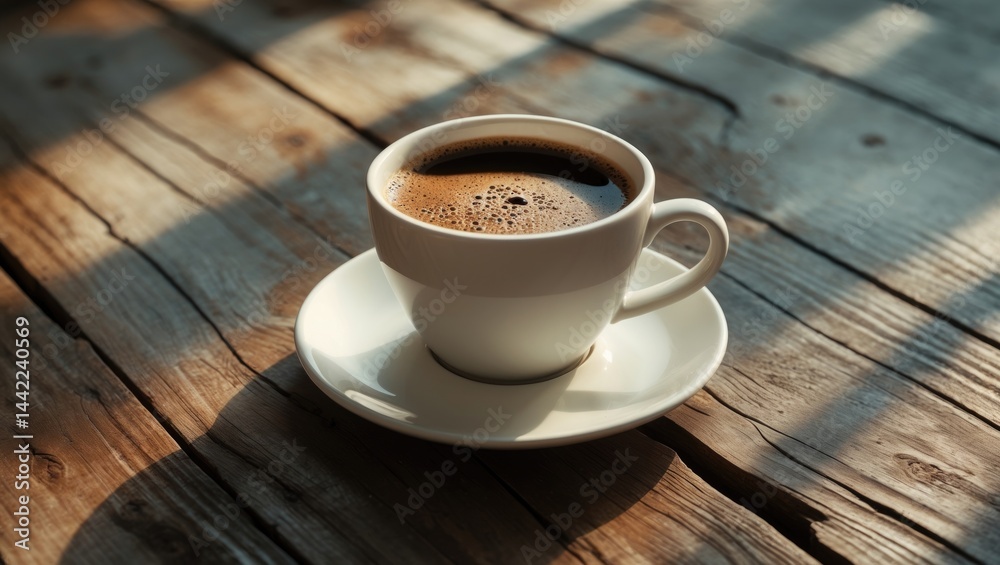 Poster rise and shine with americano in a coffee cup resting on wood, caffeine concept featuring blank spac