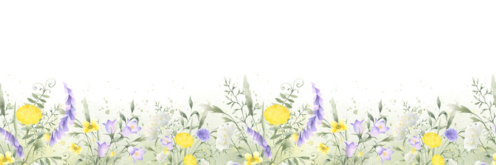 Wildflowers bellflower, dandelion, yarrow, mouse pea and meadow grasses. Hand drawn isolated watercolor seamless border of yellow lilac field flower on green stain. Horizontal banner with copy space.