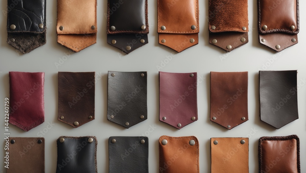 Aufkleber An array of leather patches with assorted colors and patterns, organized in a grid layout with overlapping and non-overlapping sections, representing a scene of diversity and variety.