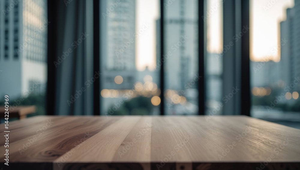 Poster Deserted wooden tabletop with a blurred office environment and window view background for product display or key visual design layout.