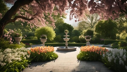 Obraz premium Serene Garden Oasis with Blossoming Cherry Tree