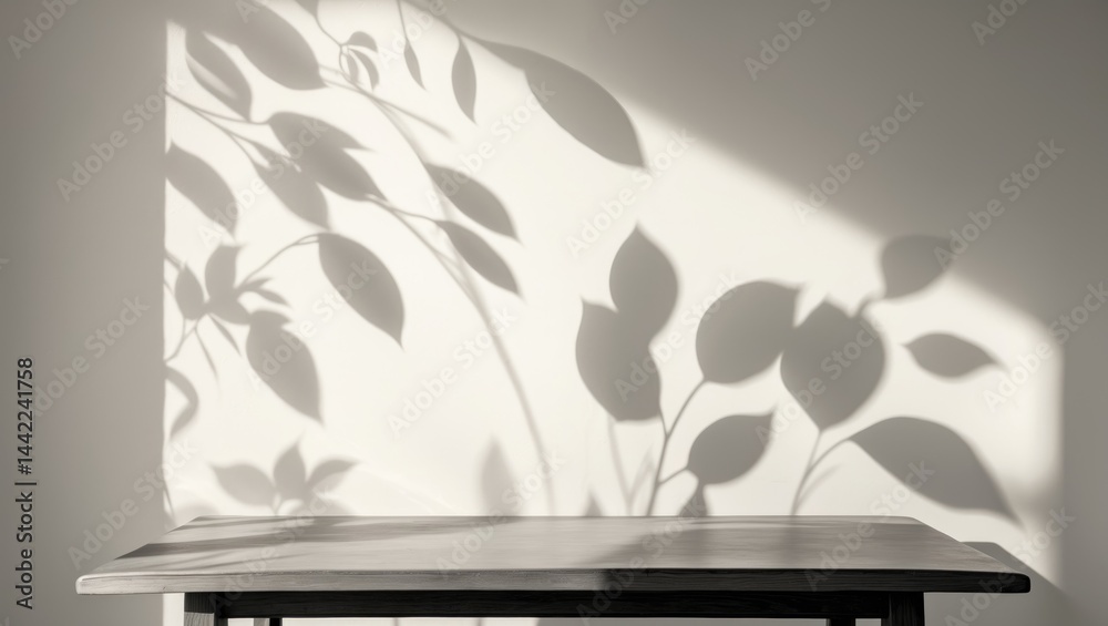 Poster Wooden table devoid of objects with leaf shadows on backdrop and room for content