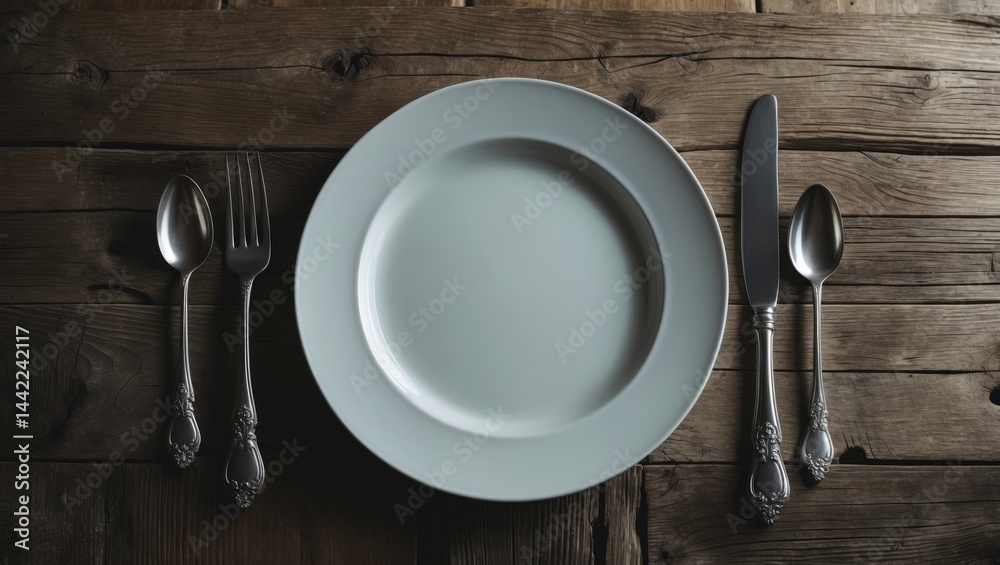Poster Top-down view of an empty plate and silverware on a table, with room for a caption
