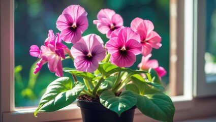Naklejka premium Room interior with a sunny windowsill featuring pink blooming violet