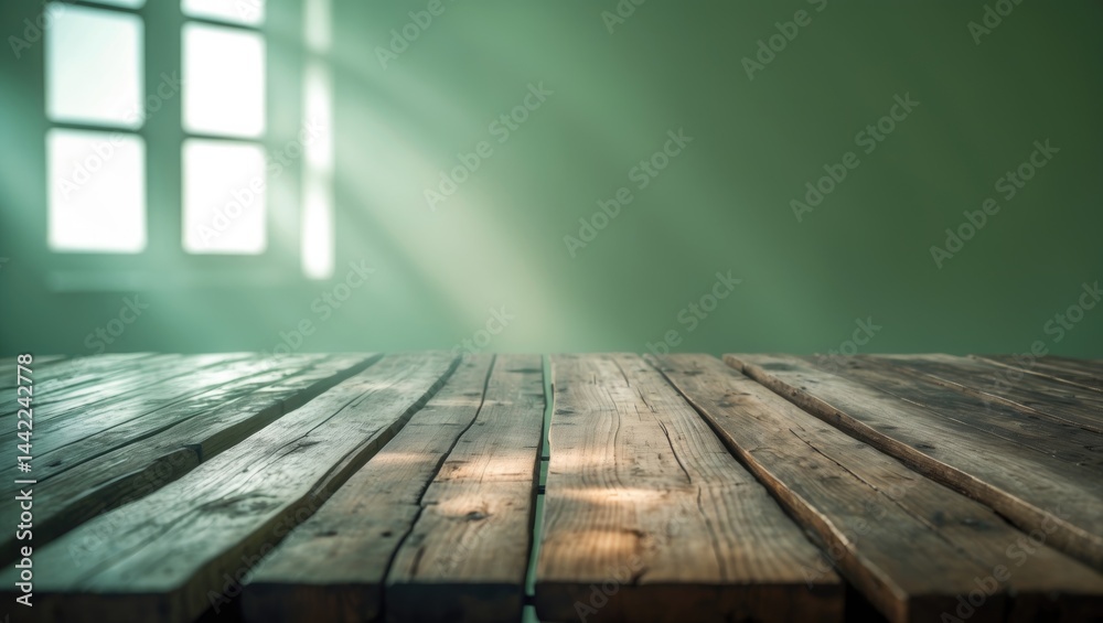 Poster Empty tabletop of natural wood with sunlight filtering in from the window on a wall.