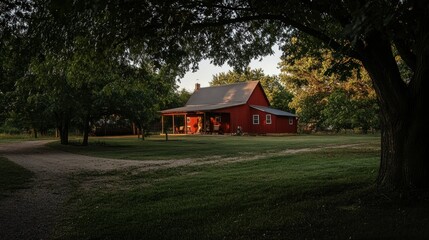 Fototapeta premium A red barn surrounded by trees on a grassy rural landscape