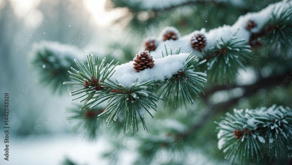 Poster first snowflakes. detailed view of a fir tree limb coated in snow, sharp frost. stunning light and v