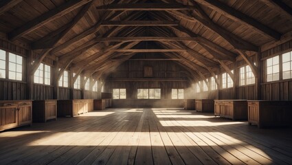 Naklejka premium Deserted wooden market stalls in a pavilion during a clear and sunny day.