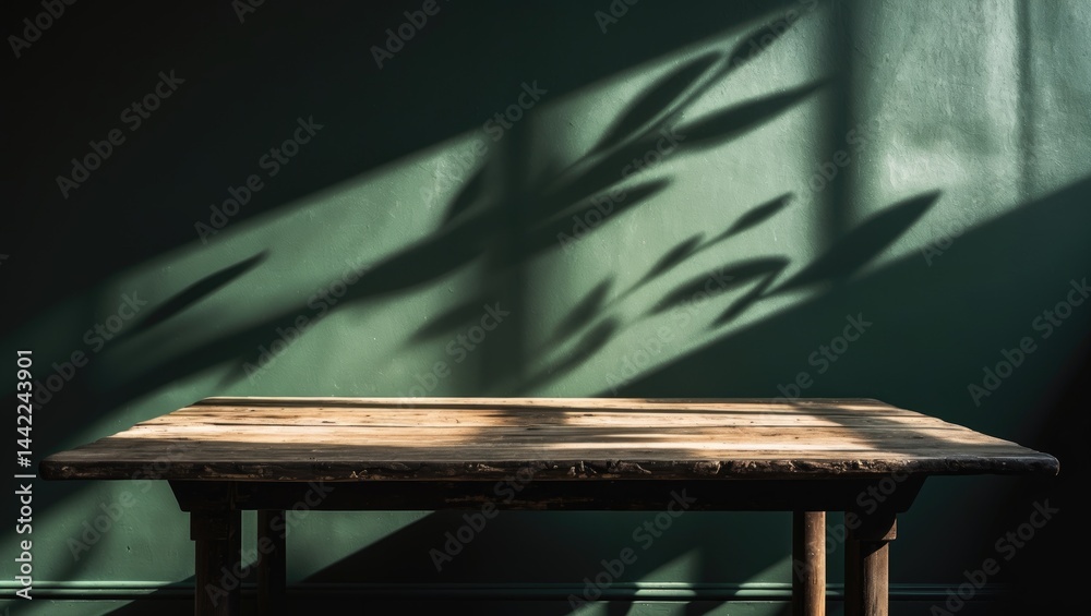 Poster Unoccupied table near a dark green wall. Reflections and shadows from sunlight on the surface. Background suited for product presentation.