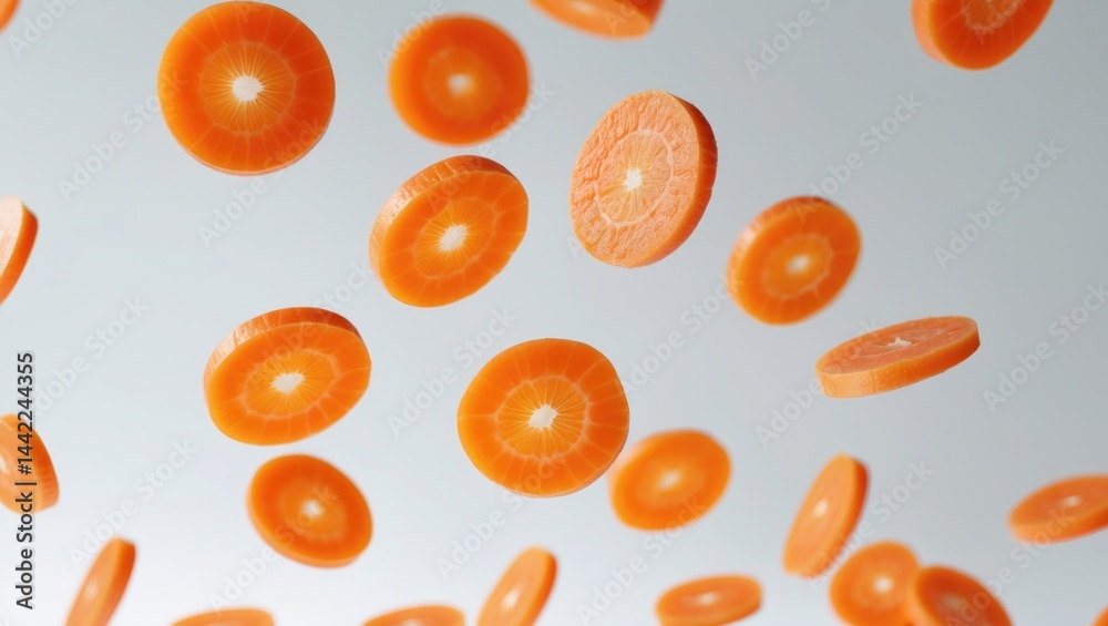 Poster suspended carrot slice on background, clipping path, full depth of field