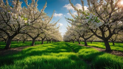 Obraz premium Panoramic image of an orchard in full bloom.