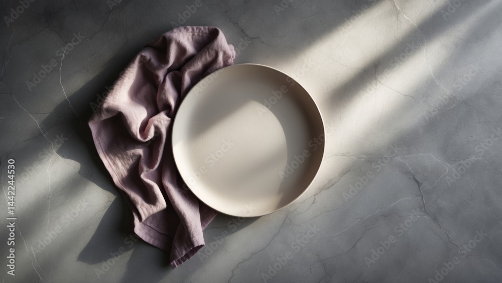 Aufkleber table scene with an empty plate and pink towel from above