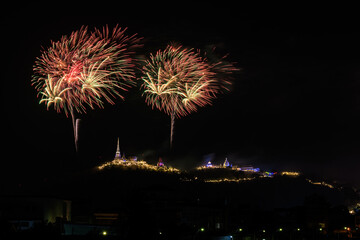 Night scene of fireworks festival in Phra Nakhon Khiri at phetchaburi province, thailand.