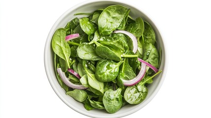 Obraz premium Top View of Fresh Baby Spinach, Rocket, and Red Onion Bowl, No Background, Highlighting Vibrant Ingredients