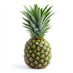 Obraz premium Fresh pineapple displayed against a plain white background highlights its vibrant green leaves and textured skin in a natural way