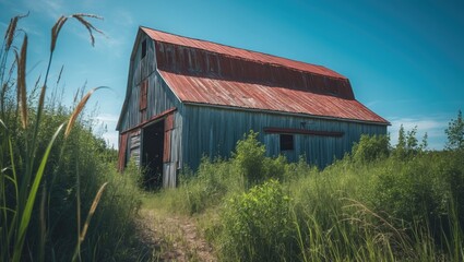 An old, neglected barn featuring a partially rusted metal roof and crumbling wooden exterior, amidst tall, lush vegetation and a clear blue sky.