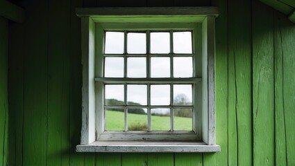 Fototapeta premium Cottage-style rustic window. Green wooden wall feature. Countryside architecture scenery. Small white window frame. Blank interior copy area. Square window structure.