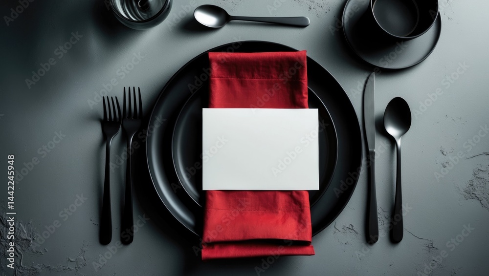 Poster top-down view of a blank table with menu, plate, cutlery, and napkin for mockup design
