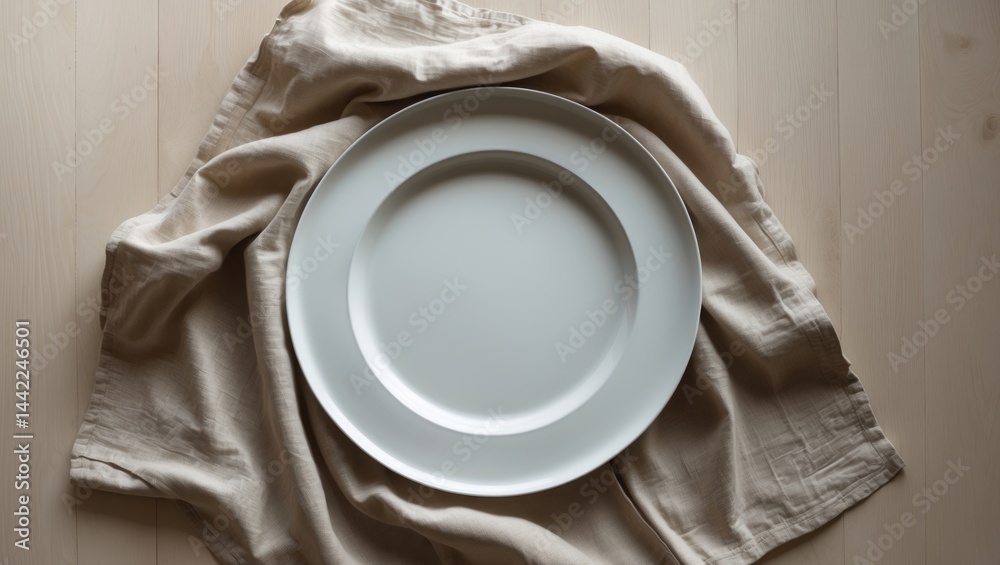 Poster white circular plate placed on a wooden table with a linen napkin, seen from above
