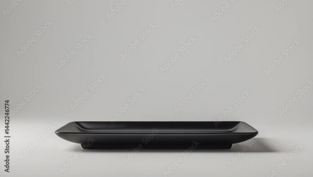 Poster Side view of an empty rectangular black ceramic plate on a plain background with clipping path