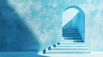 serene abstract blue background featuring arched window and staircase leading upwards, creating sense of tranquility and depth. soft hues evoke calmness and inspiration
