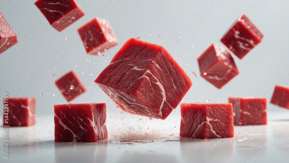 Poster Beef cube dropping against background, isolated with clipping path