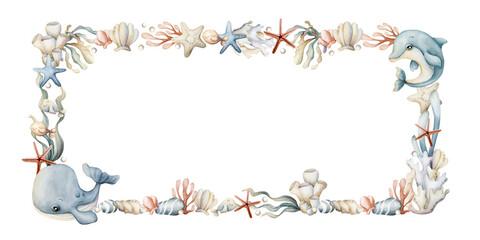 Fototapeta premium Sea Animals Plants Frame. Cute whale, dolphin, seaweed, coral, starfish, shell. Watercolor summer isolated illustration