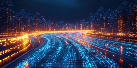 Fototapeta premium Digital highway through a futuristic city at night.