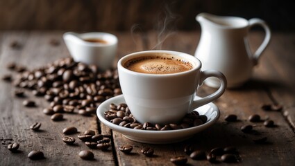 Fototapeta premium Espresso macchiato in a white cup with milk and coffee beans arranged on the table