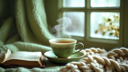 Cozy tea and a book in the winter