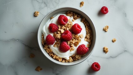 Healthy morning option: Granola and muesli served with yogurt and berries.