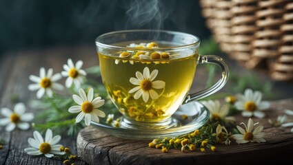 Herbal camomile tea served in a glass cup with blossoms on a rustic backdrop, close-up, beneficial for sleep, skin, and hair care, natural medicine and naturopathy concept