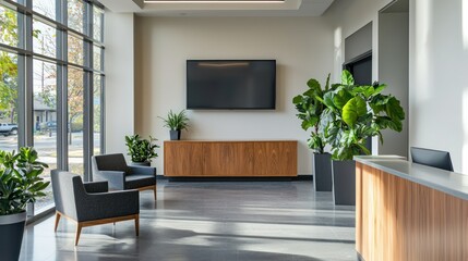 Fototapeta premium A clean, minimalistic office with a desk, plant, and large flat-screen monitor, ideal for a productive work environment