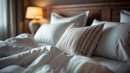 Close-up image of a pillow resting on a bed.