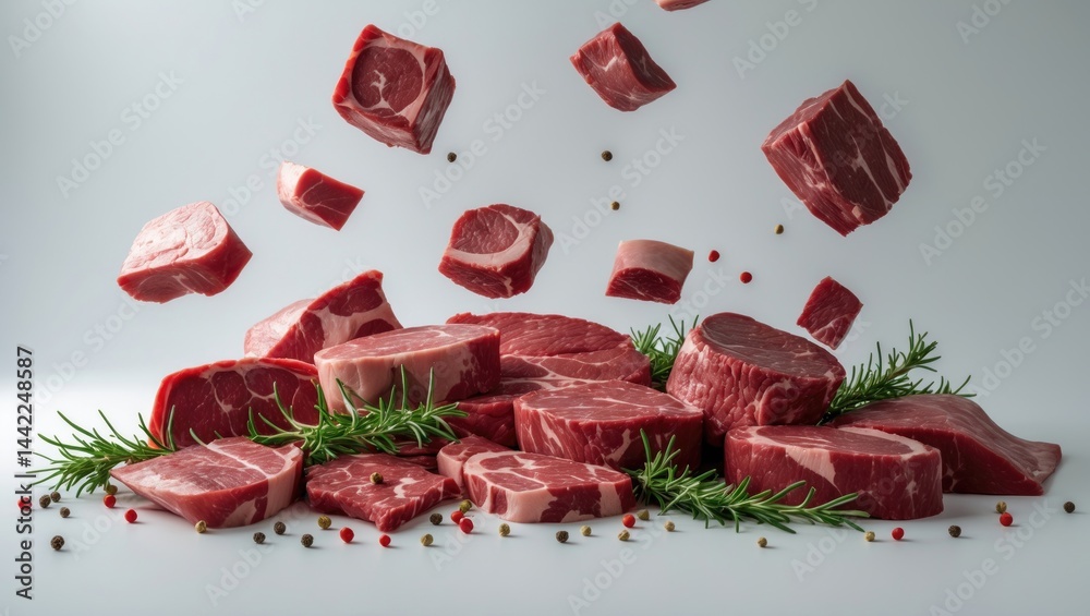 Poster raw meat dropping on plain white backdrop