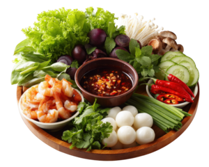 Vibrant traditional Vietnamese hot pot featuring fresh ingredients like shrimp, vegetables, and herbs, beautifully arranged on wooden platter, evoking sense of culinary delight