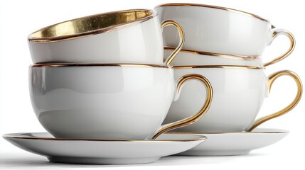 a set of classic white porcelain cups on a white isolated background, simple and refined design