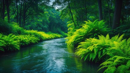 Peaceful natural scene featuring a flowing river surrounded by vibrant ferns and tall trees