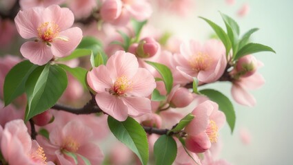 Pink peach blossom macro shot against gentle spring scenery
