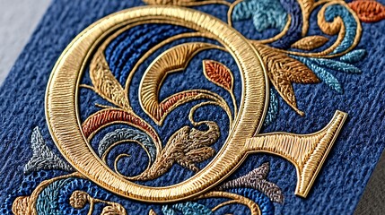 Obraz premium Exquisite Gold Embroidery Detail Ornate Letter Q with Floral Design on Deep Blue Fabric