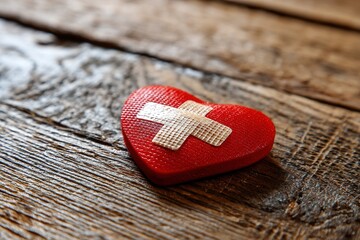 Cushioned Plaster Strip Medical Patch First Aid Band Glued on a red heart on a wooden floor.