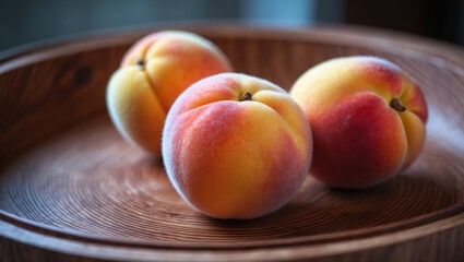 Detailed close-up of three ripe peaches with textured surfaces on a wooden tray