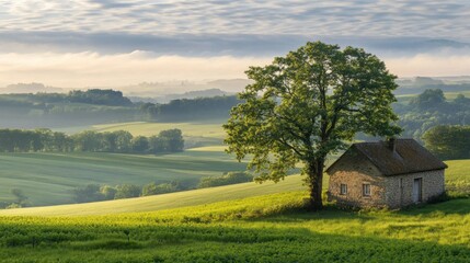 Peaceful rural landscape featuring a small cottage and a large tree