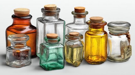 a set of delicate glass jars on a white isolated background, vintage and detailed design