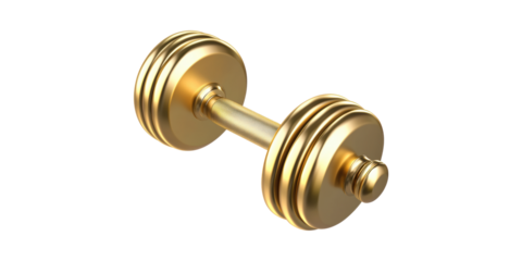 Golden Dumbbell. Luxury Fitness And Strength Training Concept Isolated On Transparent Background