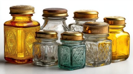 a set of delicate glass jars on a white isolated background, vintage and detailed design