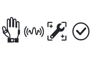 Obraz premium Industry-4.0 icons showing glove, haptics, tool overlay, and completion