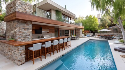 Fototapeta premium Luxury Modern Home Outdoor Poolside Bar Stone Wood Stylish Design